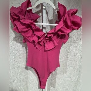 Zara Pink Ruffled Bodysuit Large